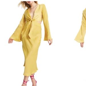 Yellow Tie Front Long Sleeve Satin Midi Dress